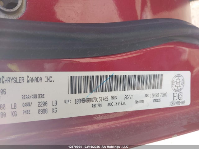 12570904 :رقم المزاد ، 1B3HB48BX7D151409 vin ، 2007 Dodge Caliber Sxt مزاد بيع