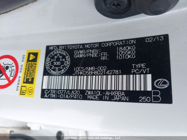 Aukcja sprzedaży 2013 Lexus Ct 200h, vin: JTHKD5BH8D2142781, numer aukcji: 12570906