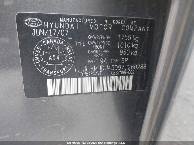 12570908 :رقم المزاد ، KMHDU45D97U260288 vin ، 2007 Hyundai Elantra مزاد بيع