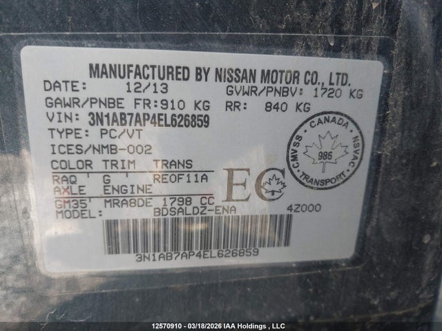 3N1AB7AP4EL626859 Nissan Sentra 1.8 S/1.8 Sl/1.8 Sr/1.8 Sv