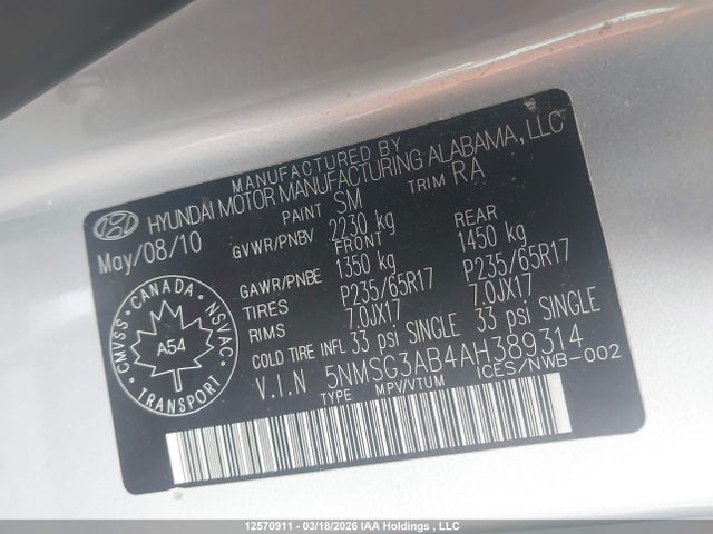 Продаж на аукціоні авто 2010 Hyundai Santa Fe Gl 2.4, vin: 5NMSG3AB4AH389314, номер лоту: 12570911