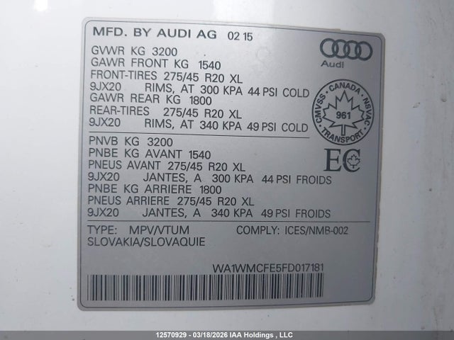 12570929 :رقم المزاد ، WA1WMCFE5FD017181 vin ، 2015 Audi Q7 3.0 Tdi Vorsprung Edition مزاد بيع