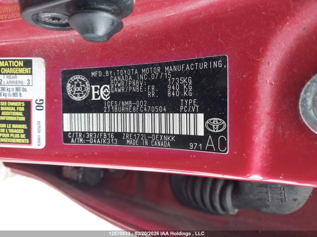 12570933 :رقم المزاد ، 2T1BURHE8FC470504 vin ، 2015 Toyota Corolla Le مزاد بيع