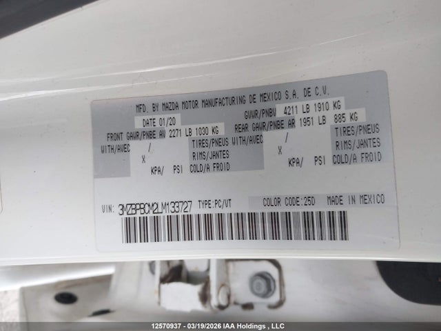 Aukcja sprzedaży 2020 Mazda Mazda3 Gs, vin: 3MZBPBCM2LM133727, numer aukcji: 12570937