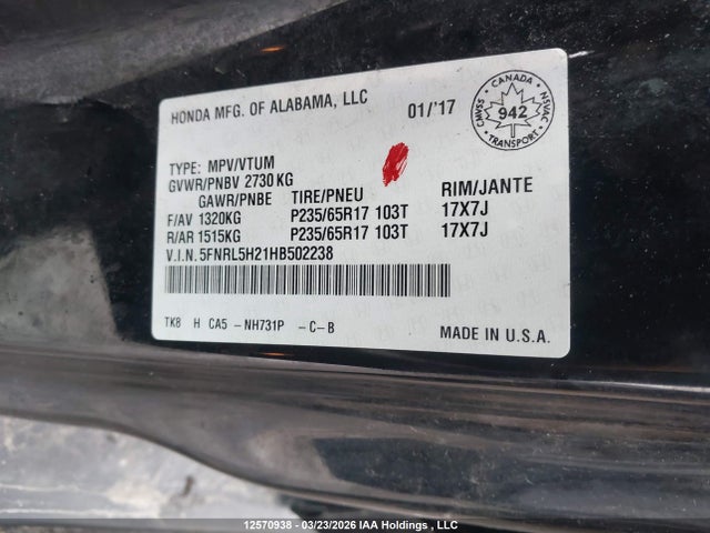2017 Honda Odyssey Lx მანქანა იყიდება აუქციონზე, vin: 5FNRL5H21HB502238, აუქციონის ნომერი: 12570938