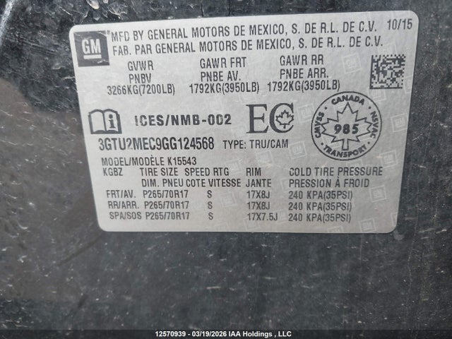 Aukcja sprzedaży 2016 Gmc Sierra 1500 Sle, vin: 3GTU2MEC9GG124568, numer aukcji: 12570939