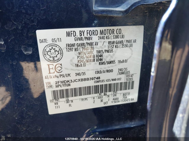Aukcja sprzedaży 2011 Ford Edge Sel, vin: 2FMDK3JCXBBB39748, numer aukcji: 12570940