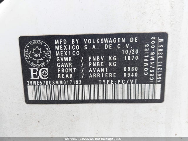 12570942 :رقم المزاد ، 3VWE57BU8MM017192 vin ، 2021 Volkswagen Jetta Highline مزاد بيع