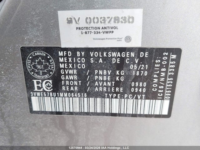 Aukcja sprzedaży 2021 Volkswagen Jetta Highline, vin: 3VWE57BU1MM064516, numer aukcji: 12570944