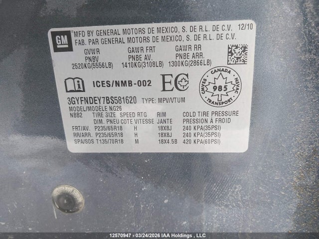 Aukcja sprzedaży 2011 Cadillac Srx Luxury Collection, vin: 3GYFNDEY7BS581620, numer aukcji: 12570947