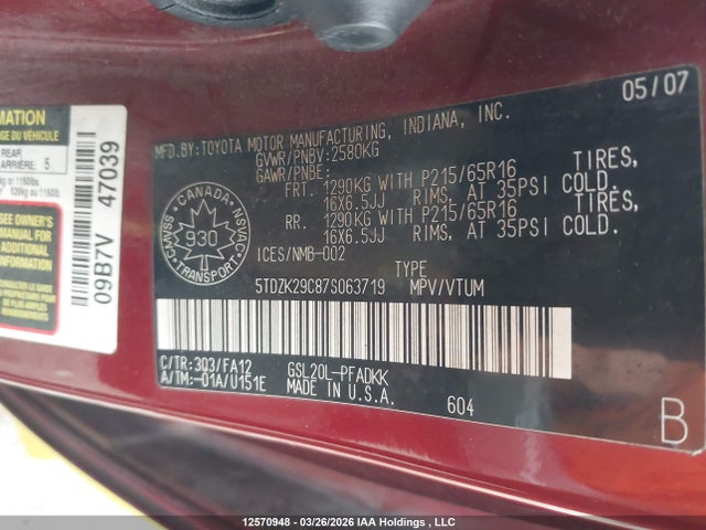 2007 Toyota Sienna Ce მანქანა იყიდება აუქციონზე, vin: 5TDZK29C87S063719, აუქციონის ნომერი: 12570948