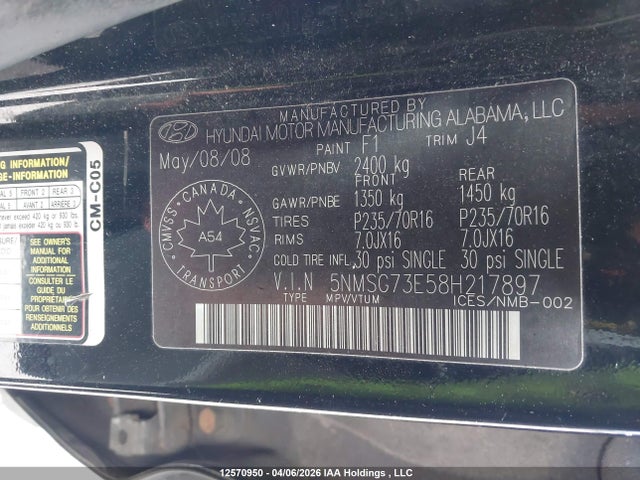 Продажа на аукционе авто 2008 Hyundai Santa Fe Gl, vin: 5NMSG73E58H217897, номер лота: 12570950