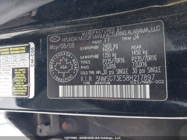 Продажа на аукционе авто 2008 Hyundai Santa Fe Gl, vin: 5NMSG73E58H217897, номер лота: 12570950