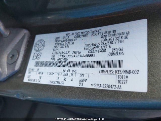 12570956 :رقم المزاد ، 1FMCU0GX2EUA48583 vin ، 2014 Ford Escape Se مزاد بيع