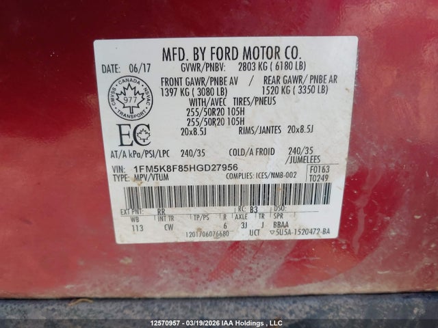 1FM5K8F85HGD27956 Ford Explorer Limited