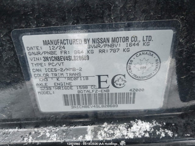 Auction sale of the 2025 Nissan Versa Sv, vin: 3N1CN8EV4SL828689, lot number: 12570960