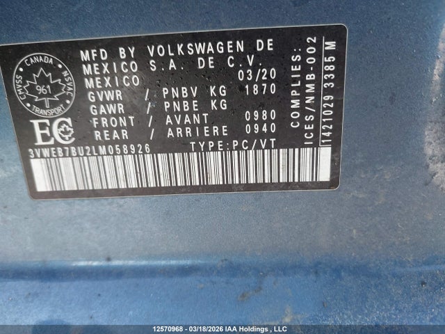 12570968 :رقم المزاد ، 3VWEB7BU2LM058926 vin ، 2020 Volkswagen Jetta Highline مزاد بيع