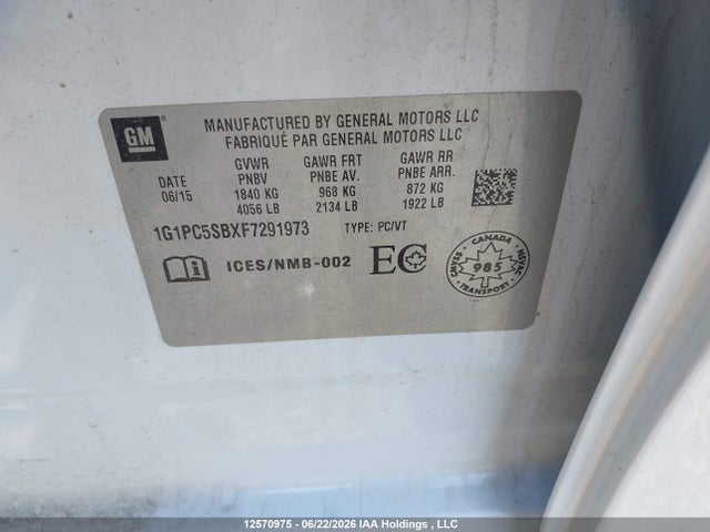 Aukcja sprzedaży 2015 Chevrolet Cruze 1lt, vin: 1G1PC5SBXF7291973, numer aukcji: 12570975