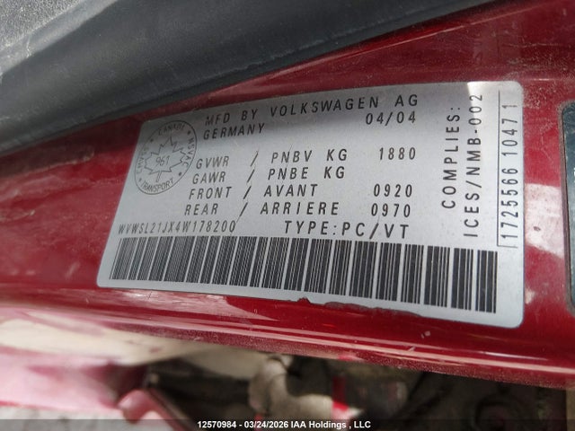 Продажа на аукционе авто 2004 Volkswagen Jetta Gls 2.0l, vin: WVWSL21JX4W178200, номер лота: 12570984