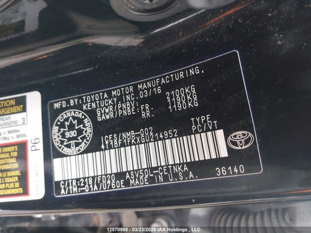 2016 Toyota Camry Le/xle/se/xse მანქანა იყიდება აუქციონზე, vin: 4T1BF1FKXGU214952, აუქციონის ნომერი: 12570985