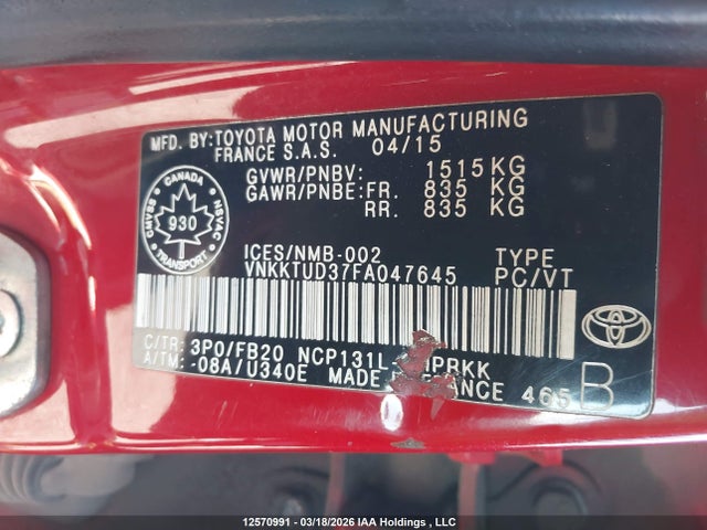 12570991 :رقم المزاد ، VNKKTUD37FA047645 vin ، 2015 Toyota Yaris مزاد بيع
