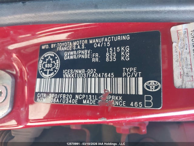12570991 :رقم المزاد ، VNKKTUD37FA047645 vin ، 2015 Toyota Yaris مزاد بيع