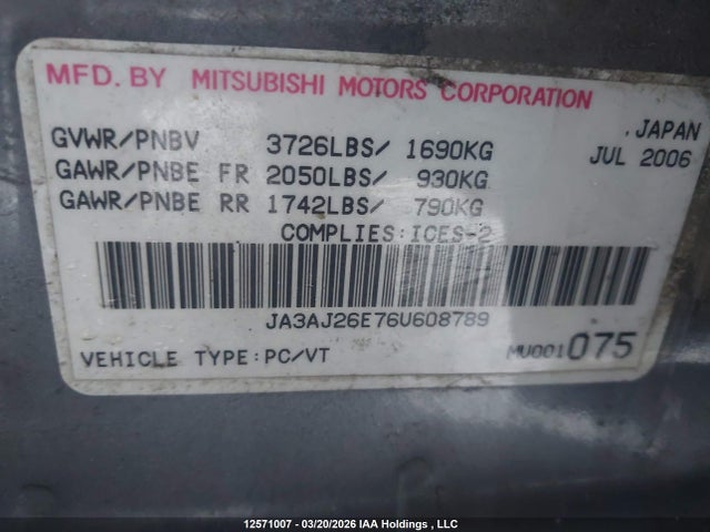 Aukcja sprzedaży 2006 Mitsubishi Lancer Es, vin: JA3AJ26E76U608789, numer aukcji: 12571007