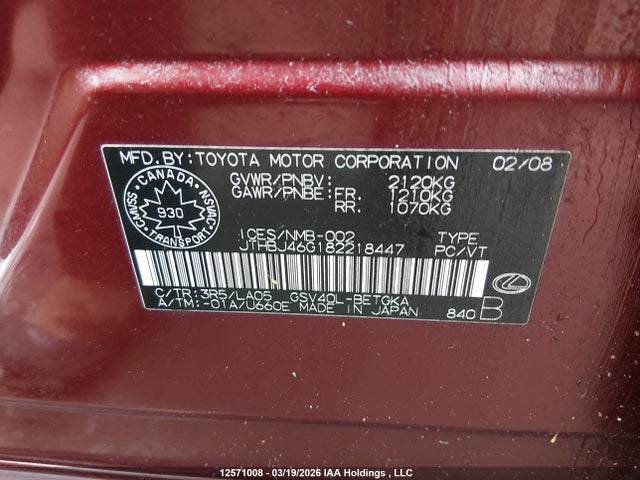 Aukcja sprzedaży 2008 Lexus Es350, vin: JTHBJ46G182218447, numer aukcji: 12571008