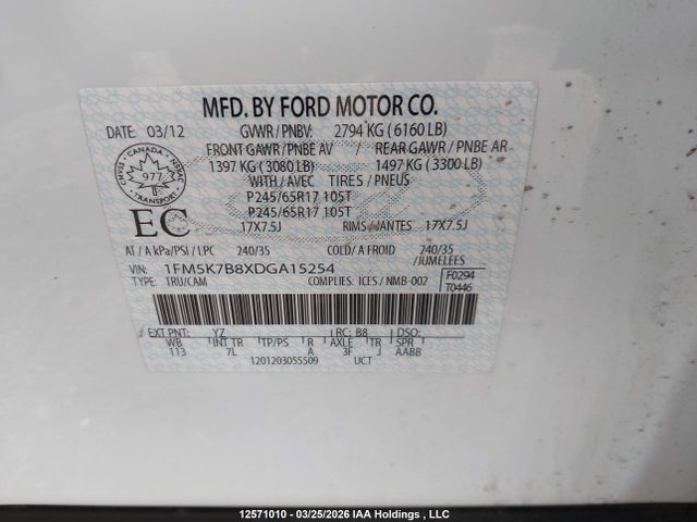 12571010 :رقم المزاد ، 1FM5K7B8XDGA15254 vin ، 2013 Ford Explorer مزاد بيع