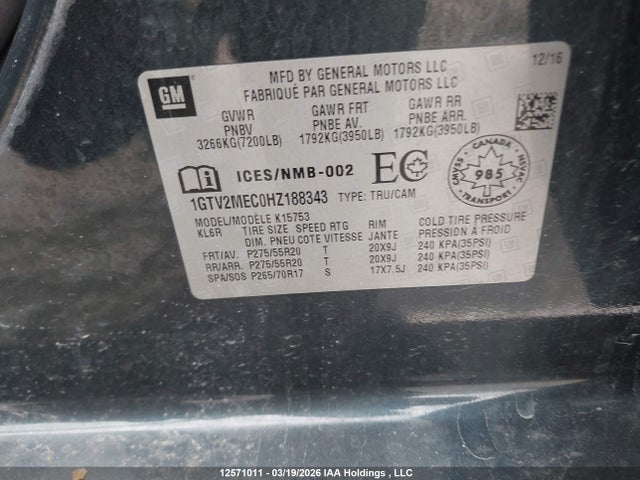 12571011 :رقم المزاد ، 1GTV2MEC0HZ188343 vin ، 2017 Gmc Sierra K1500 Sle مزاد بيع