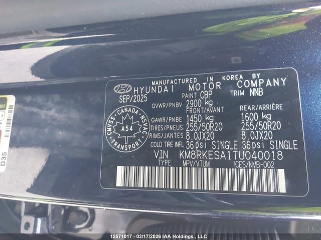 Aukcja sprzedaży 2026 Hyundai Palisade Limited, vin: KM8RKESA1TU040018, numer aukcji: 12571017