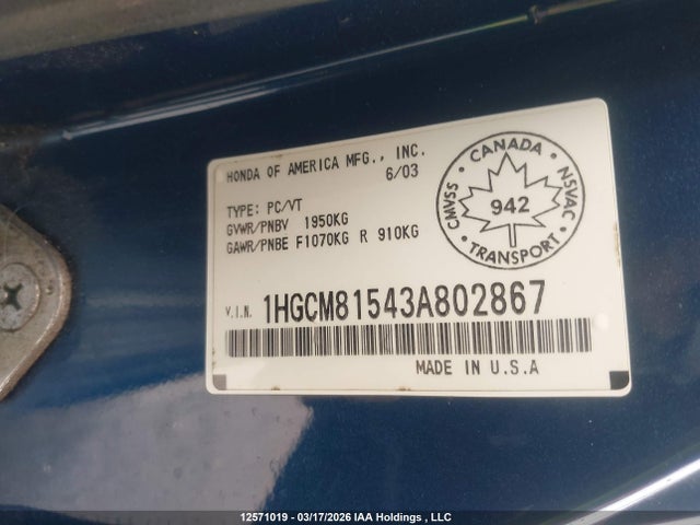 Aukcja sprzedaży 2003 Honda Accord 3.0 Ex, vin: 1HGCM81543A802867, numer aukcji: 12571019