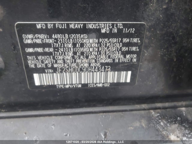 12571020 :رقم المزاد ، JF2SHCDC9DH443473 vin ، 2013 Subaru Forester 2.5x Convenience Package مزاد بيع