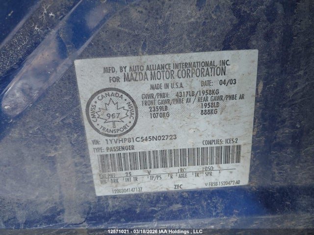 Aukcja sprzedaży 2004 Mazda 6 I, vin: 1YVHP81C545N02723, numer aukcji: 12571021