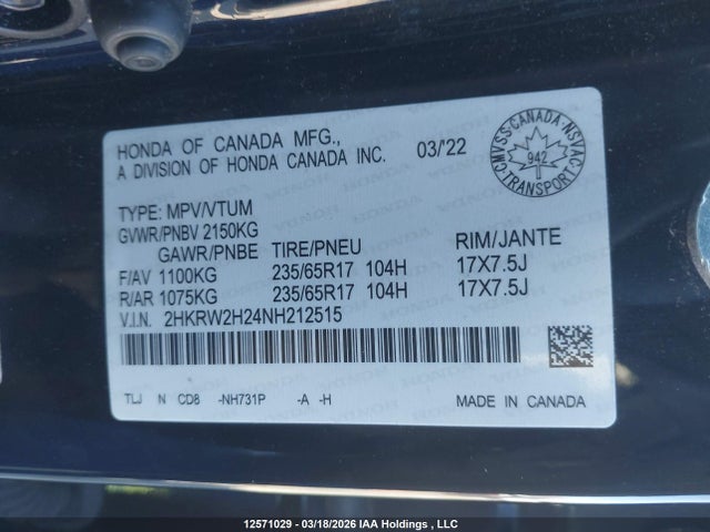 2HKRW2H24NH212515 Honda CR-V LX