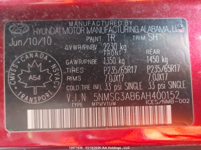 Продажа на аукционе авто 2010 Hyundai Santa Fe Gls, vin: 5NMSG3AB6AH400152, номер лота: 12571036