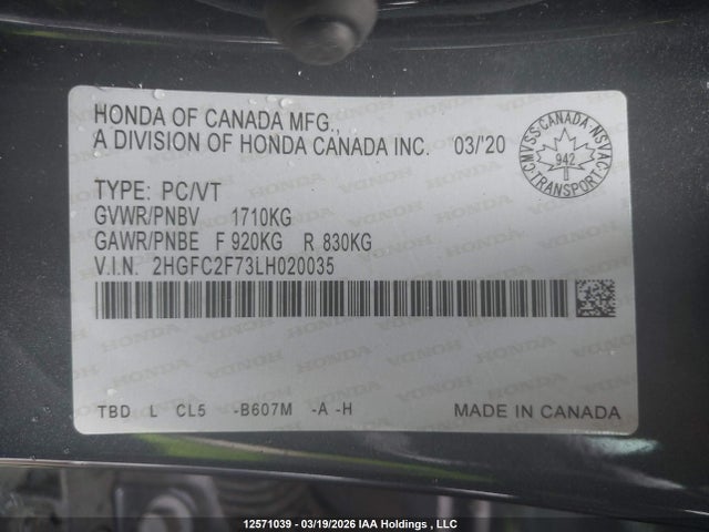 Aukcja sprzedaży 2020 Honda Civic, vin: 2HGFC2F73LH020035, numer aukcji: 12571039