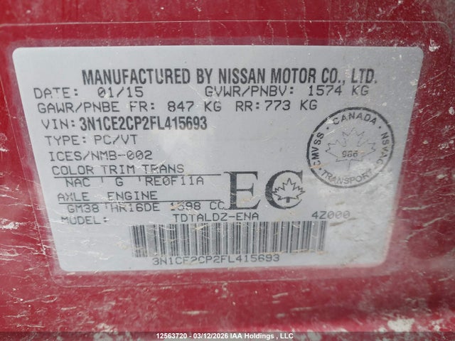 Aukcja sprzedaży 2015 Nissan Versa Note 1.6 S/1.6 Sl/1.6 Sr/1.6 Sv, vin: 3N1CE2CP2FL415693, numer aukcji: 12563720