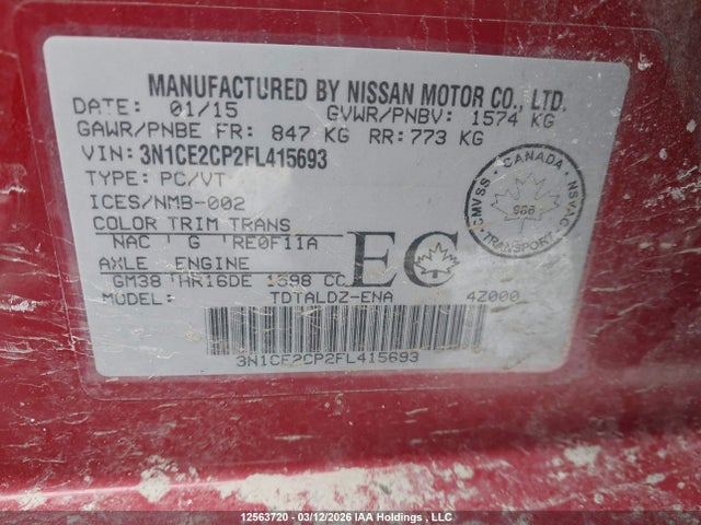 Aukcja sprzedaży 2015 Nissan Versa Note 1.6 S/1.6 Sl/1.6 Sr/1.6 Sv, vin: 3N1CE2CP2FL415693, numer aukcji: 12563720