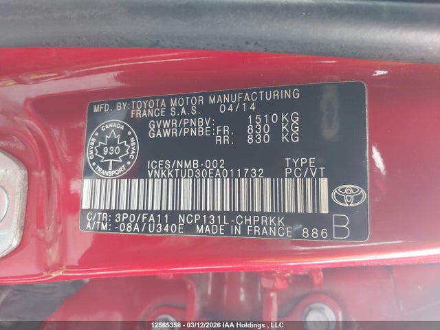 Aukcja sprzedaży 2014 Toyota Yaris Le, vin: VNKKTUD30EA011732, numer aukcji: 12565358