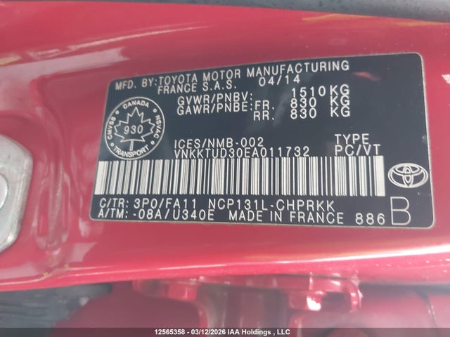 Aukcja sprzedaży 2014 Toyota Yaris Le, vin: VNKKTUD30EA011732, numer aukcji: 12565358