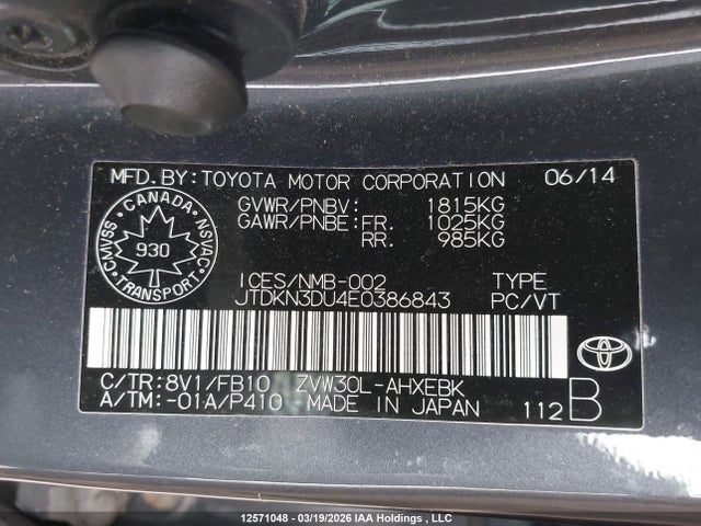 Aukcja sprzedaży 2014 Toyota Prius, vin: JTDKN3DU4E0386843, numer aukcji: 12571048