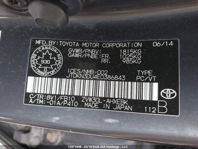 Aukcja sprzedaży 2014 Toyota Prius, vin: JTDKN3DU4E0386843, numer aukcji: 12571048