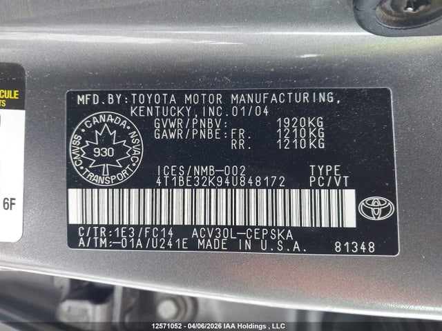 12571052 :رقم المزاد ، 4T1BE32K94U848172 vin ، 2004 Toyota Camry Le/se/xle مزاد بيع