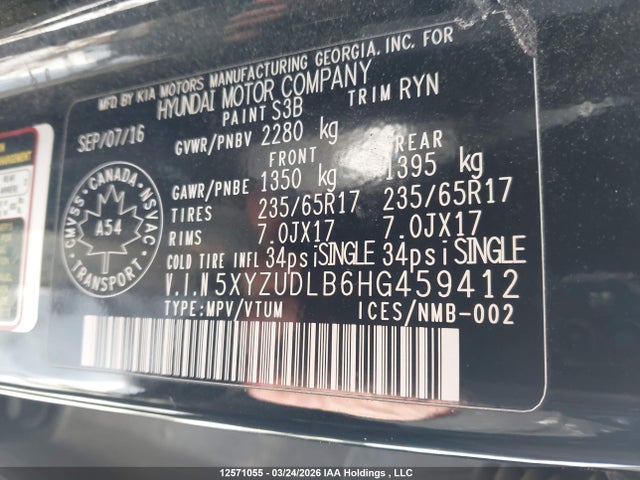 5XYZUDLB6HG459412 Hyundai SANTA FE SPORT