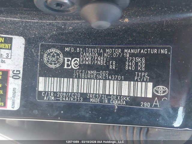 2T1BURHE5KC143701 Toyota COROLLA SE