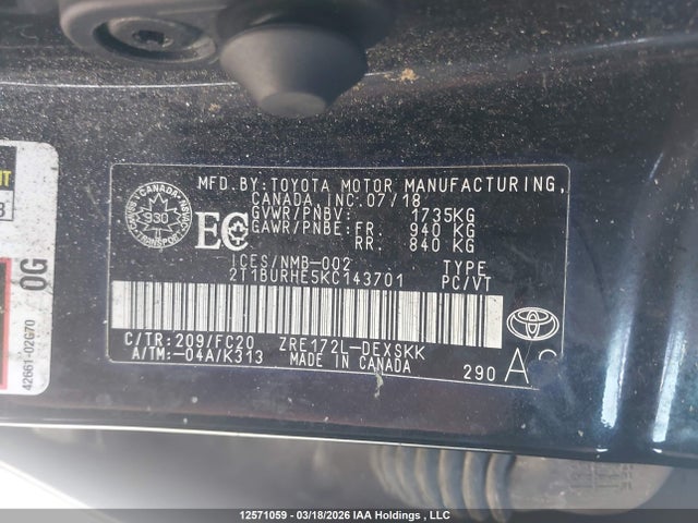 2T1BURHE5KC143701 Toyota COROLLA SE