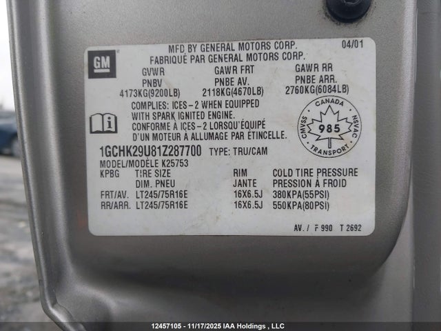 Продаж на аукціоні авто 2001 Chevrolet Silverado 2500hd Ls/lt, vin: 1GCHK29U81Z287700, номер лоту: 12457105