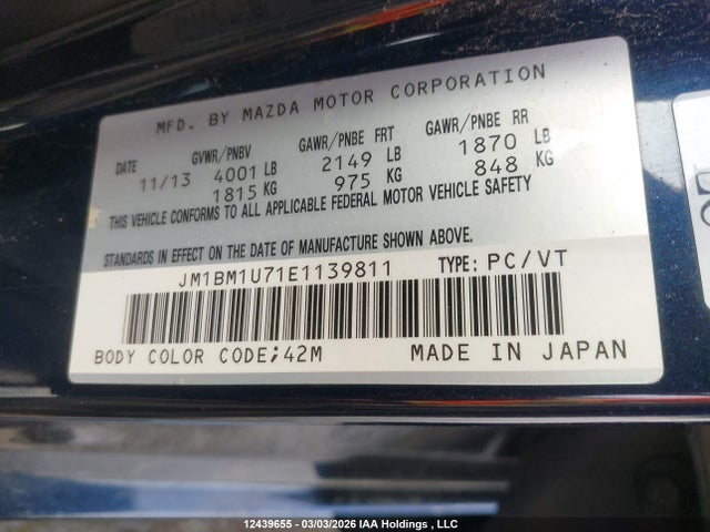 Aukcja sprzedaży 2014 Mazda Mazda3 Gx-sky, vin: JM1BM1U71E1139811, numer aukcji: 12439655