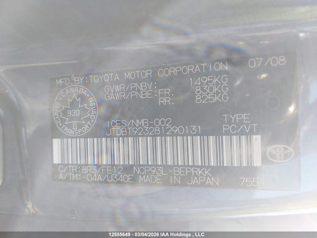 Aukcja sprzedaży 2008 Toyota Yaris, vin: JTDBT923281290131, numer aukcji: 12555649